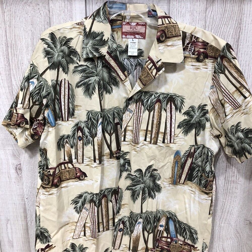 RJC Aloha Hawaiian Shirt Surfing At the Beach All Over Print Men Size Large Palm
